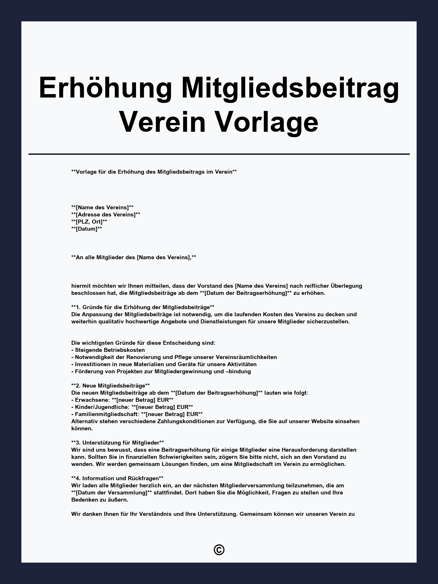 Erhöhung Mitgliedsbeitrag Verein Vorlage