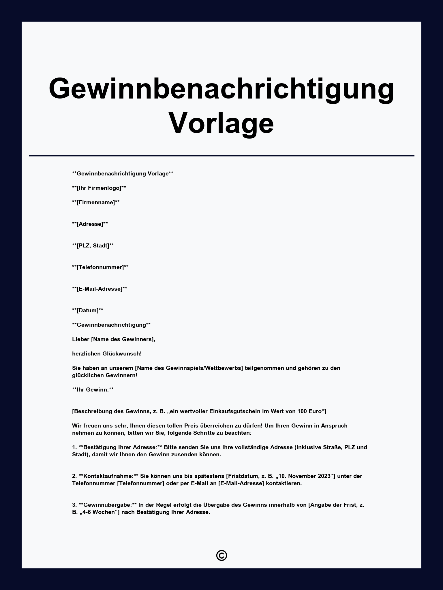 Gewinnbenachrichtigung Vorlage