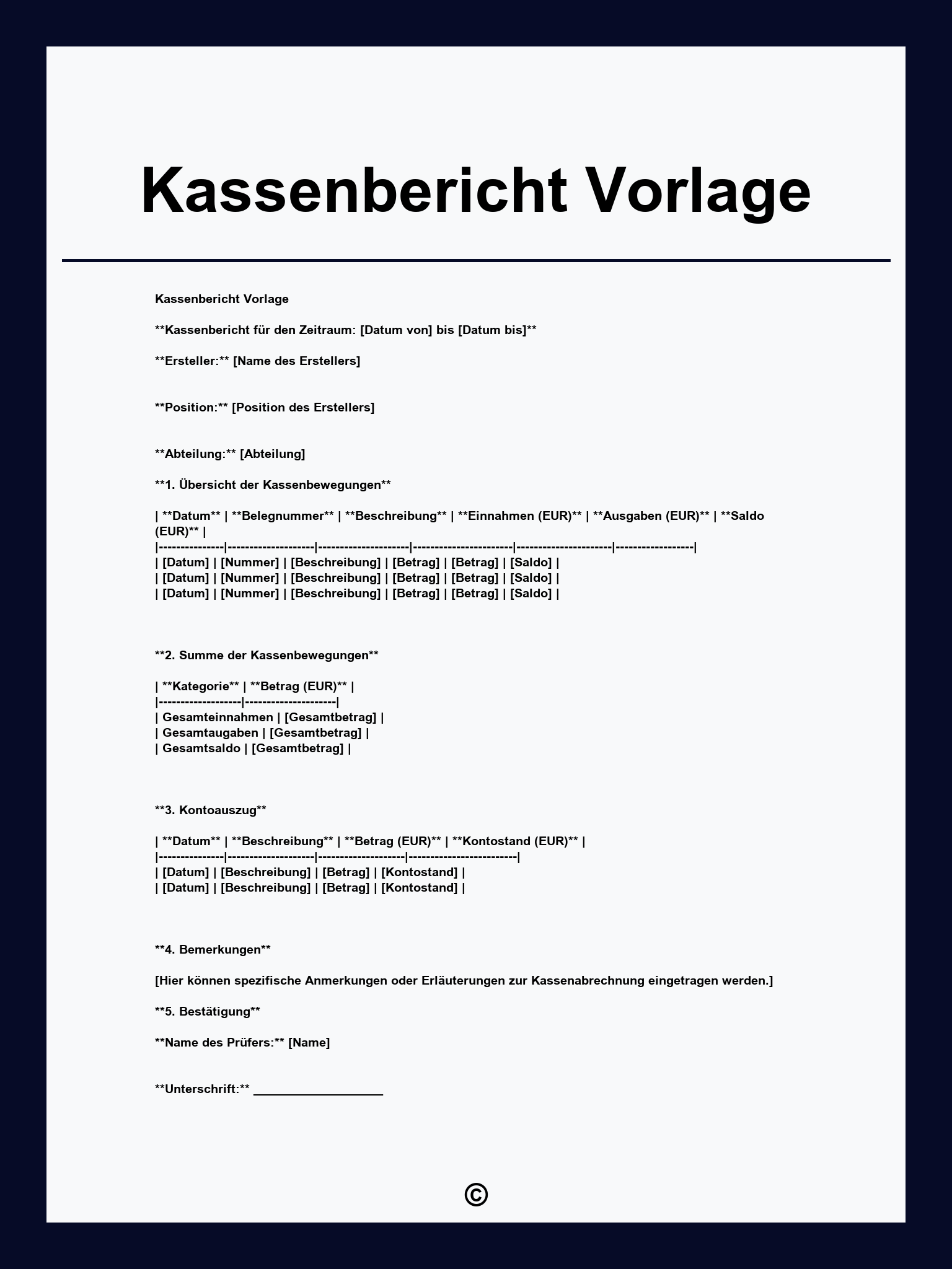 Kassenbericht Vorlage