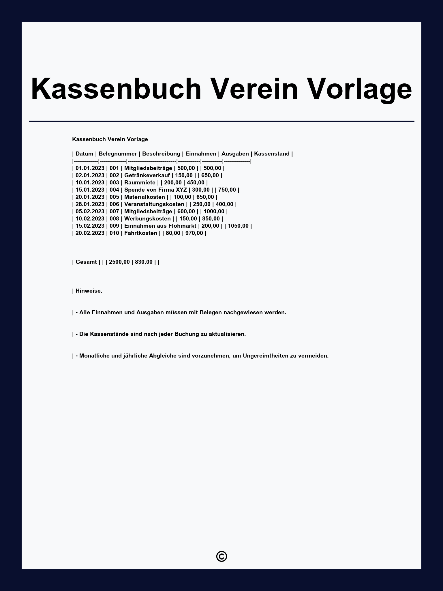 Kassenbuch Verein Vorlage