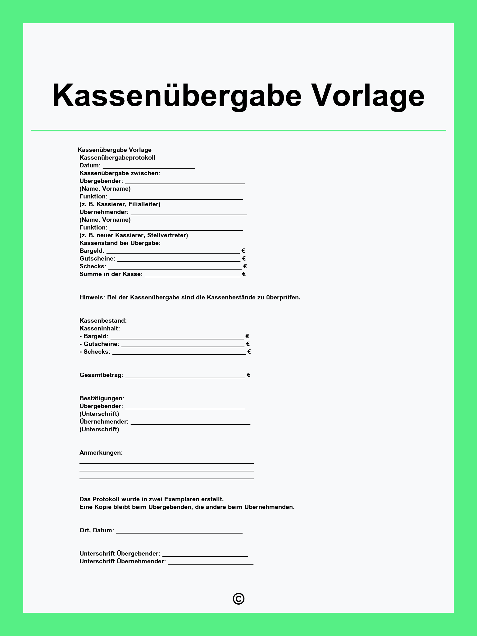 Kassenübergabe Vorlage