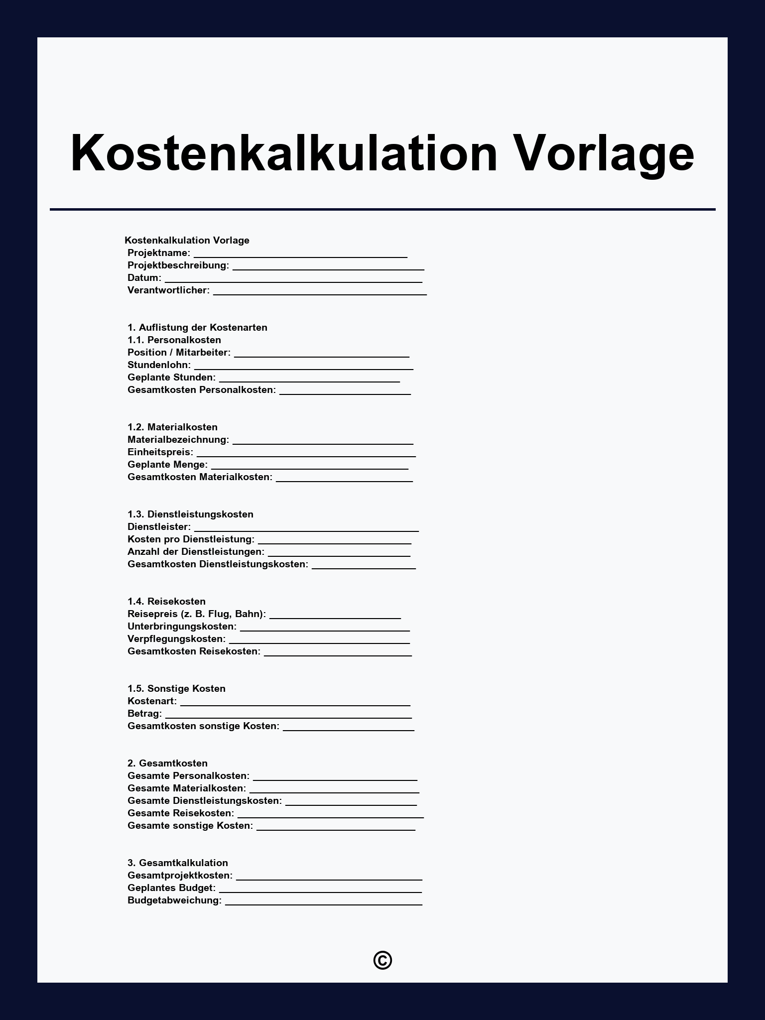 Kostenkalkulation Vorlage