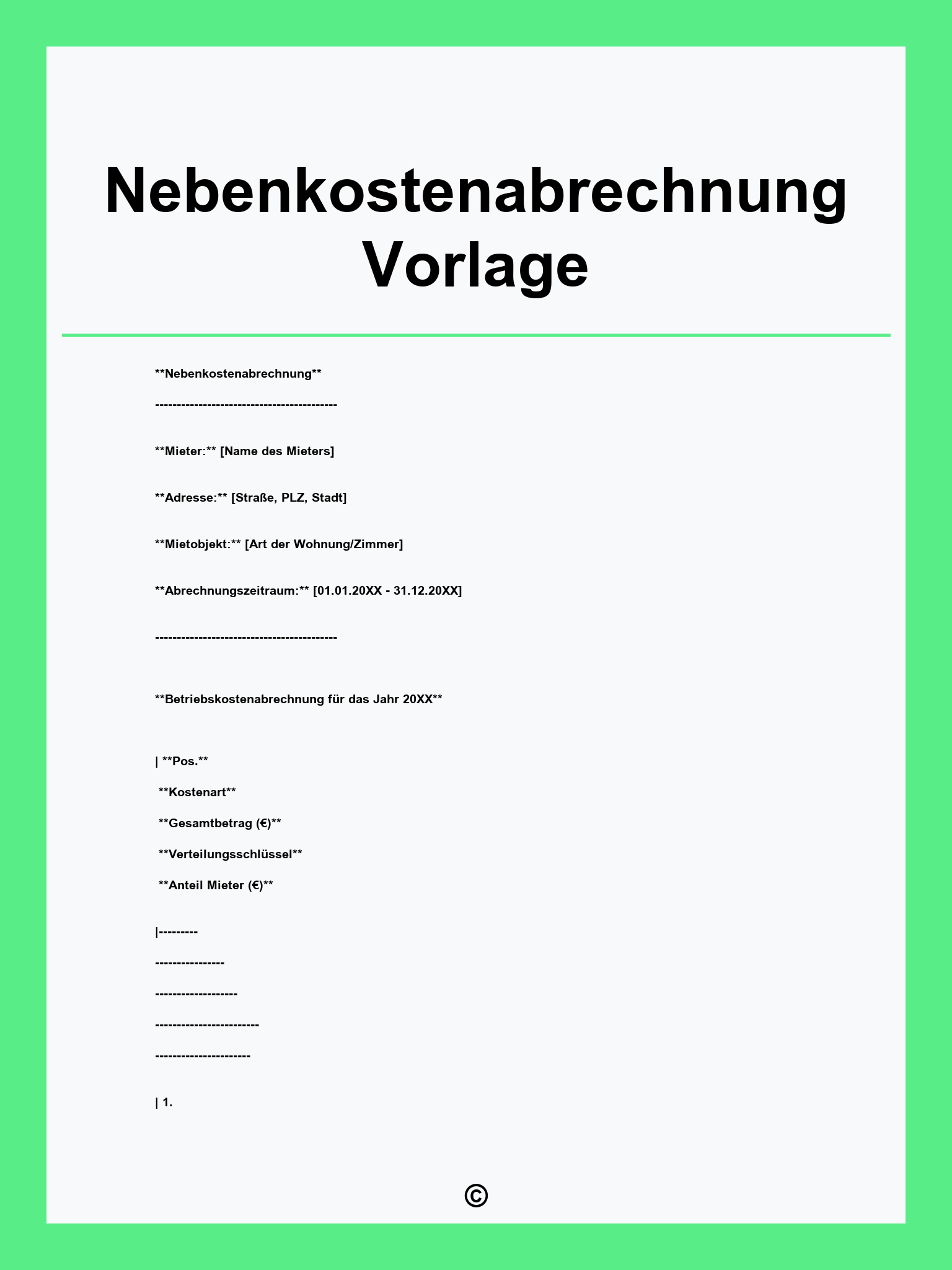 Nebenkostenabrechnung Vorlage