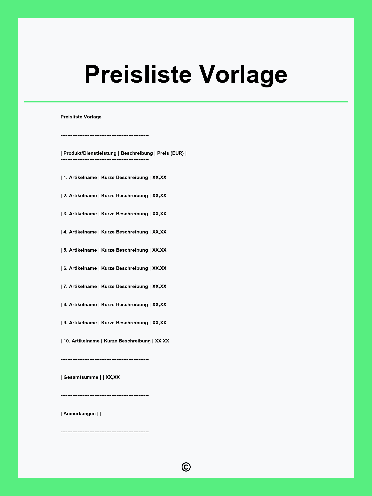 Preisliste Vorlage