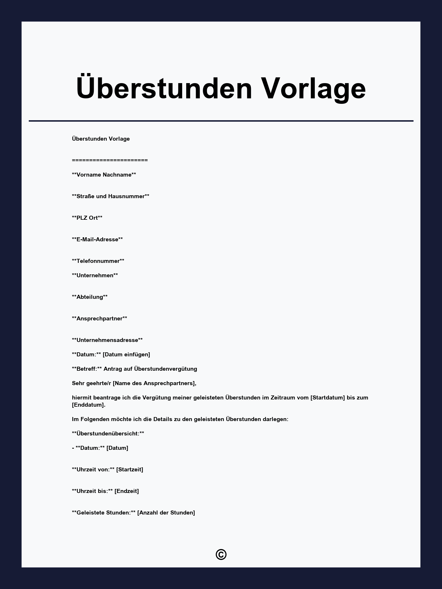 Überstunden Vorlage