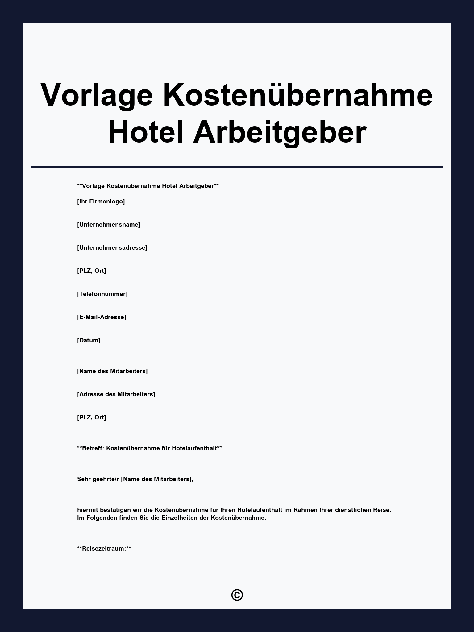 Vorlage Kostenübernahme Hotel Arbeitgeber
