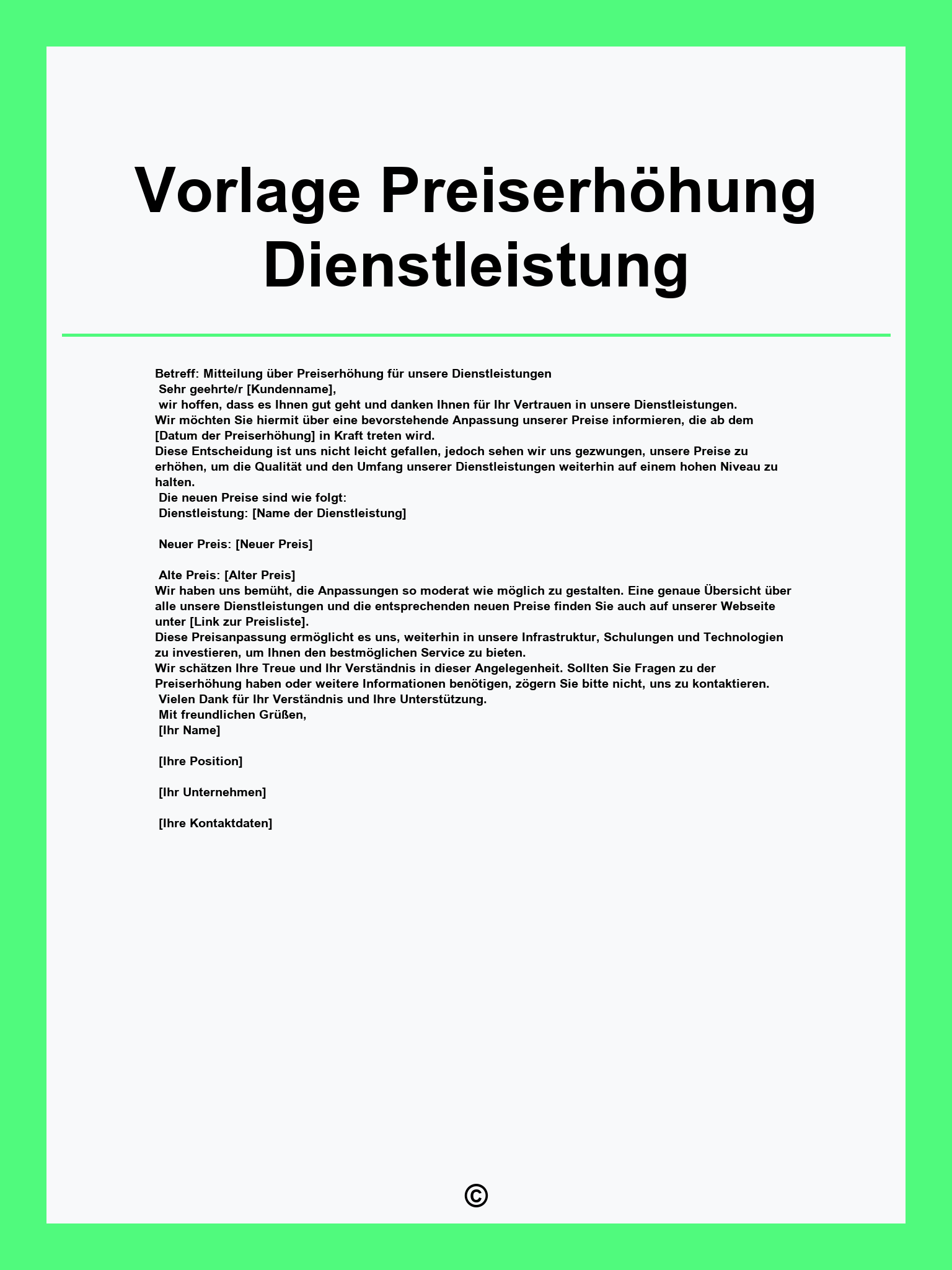 Vorlage Preiserhöhung Dienstleistung